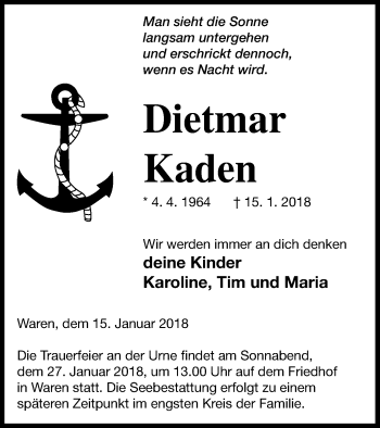 Traueranzeige von Dietmar Kaden von Müritz-Zeitung