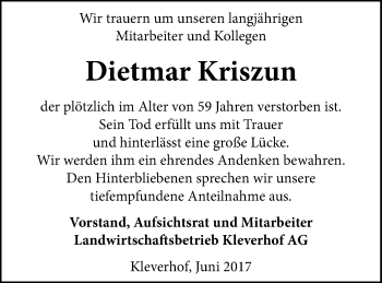 Traueranzeige von Dietmar Kriszun von Mecklenburger Schweiz