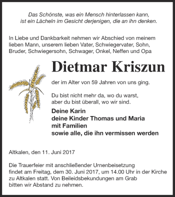 Traueranzeige von Dietmar Kriszun von Mecklenburger Schweiz