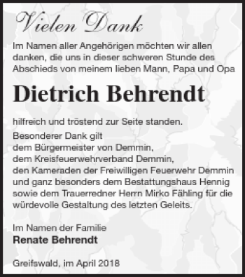 Traueranzeige von Dietrich Behrendt von Demminer Zeitung