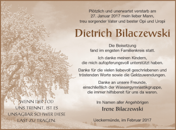 Traueranzeige von Dietrich Bilaczewski von Haff-Zeitung