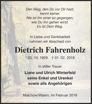 Traueranzeige von Dietrich Fahrenholz von Müritz-Zeitung