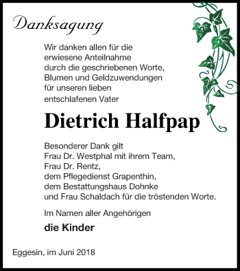 Traueranzeige von Dietrich Halfpap von Haff-Zeitung