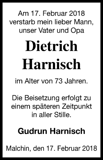 Traueranzeige von Dietrich Harnisch von Mecklenburger Schweiz