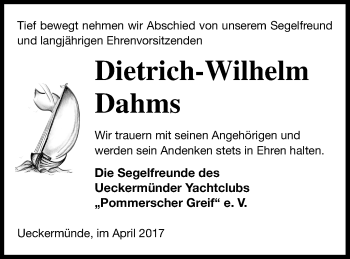 Traueranzeige von Dietrich-Wilhelm Dahms von Haff-Zeitung