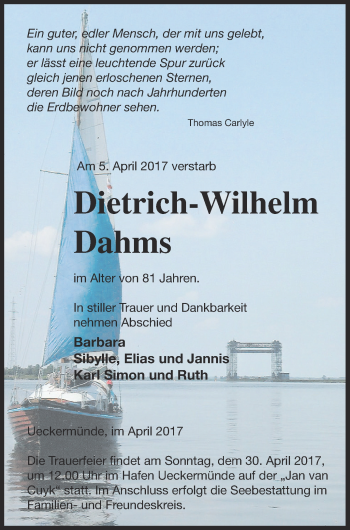Traueranzeige von Dietrich-Wilhelm Dahms von Haff-Zeitung
