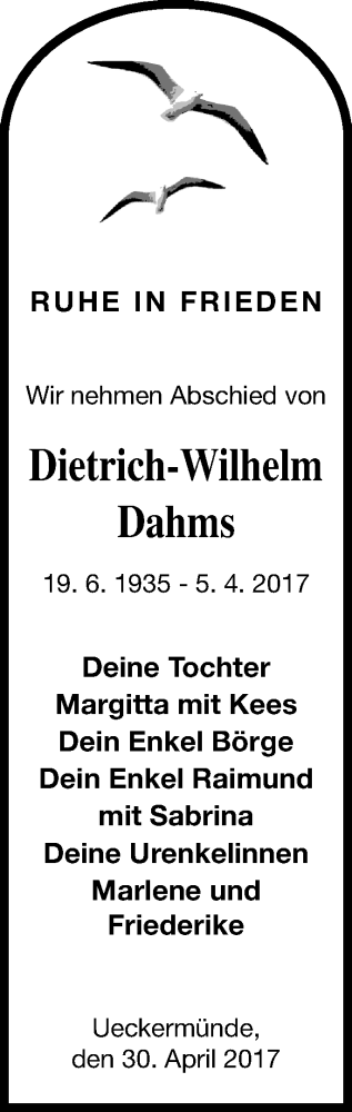 Traueranzeige von Dietrich-Wilhelm Dahms von Haff-Zeitung