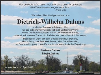 Traueranzeige von Dietrich-Wilhelm Dahms von Haff-Zeitung