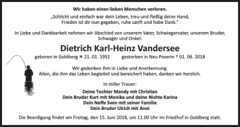 Traueranzeige von Dietrich Karl-Heinz Vandersee von Zeitung für Lübz - Goldberg - Plau