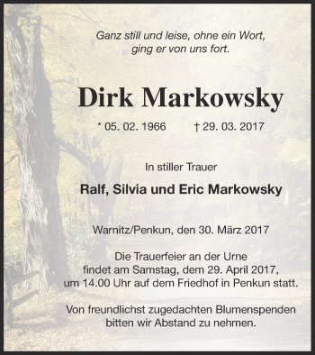 Traueranzeige von Dirk Markowsky von Prenzlauer Zeitung