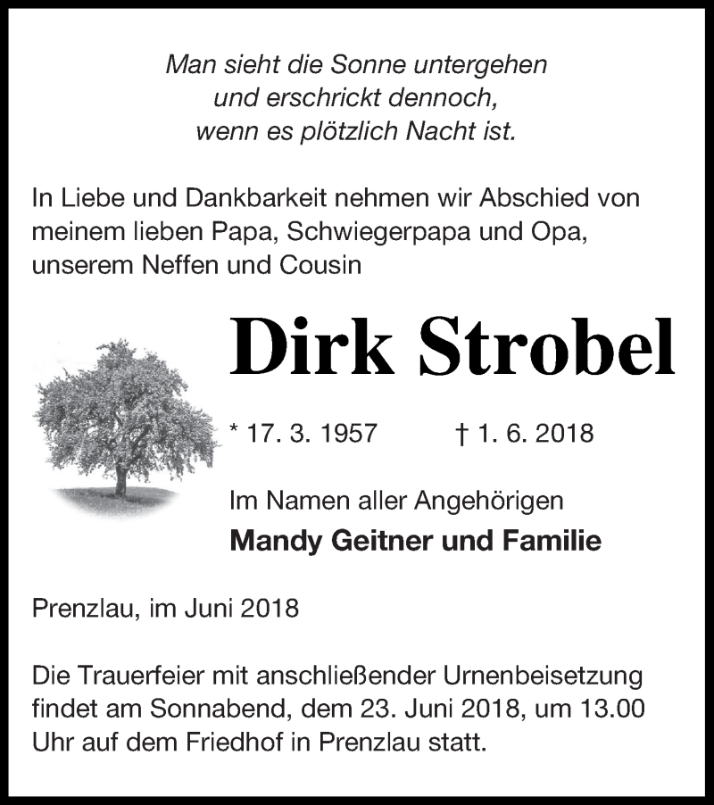  Traueranzeige für Dirk Strobel vom 08.06.2018 aus Prenzlauer Zeitung