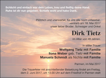 Traueranzeige von Dirk Tietz von Prenzlauer Zeitung