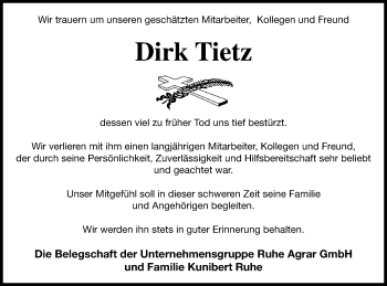 Traueranzeige von Dirk Tietz von Prenzlauer Zeitung