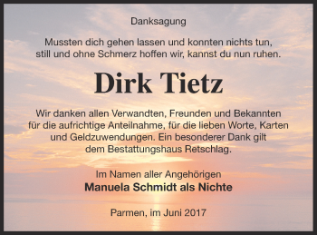 Traueranzeige von Dirk Tietz von Prenzlauer Zeitung