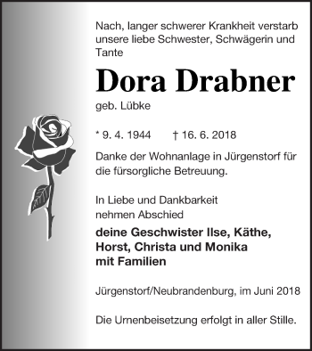 Traueranzeige von Dora Drabner von Neubrandenburger Zeitung