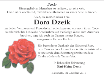 Traueranzeige von Dora Dzeik von Vorpommern Kurier