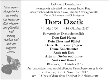 Traueranzeige von Dora Dzeik von Vorpommern Kurier