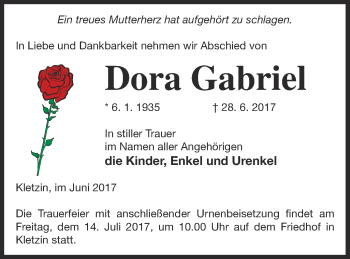 Traueranzeige von Dora Gabriel von Demminer Zeitung