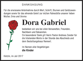 Traueranzeige von Dora Gabriel von Demminer Zeitung