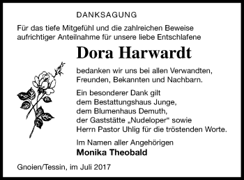 Traueranzeige von Dora Harwardt von Mecklenburger Schweiz