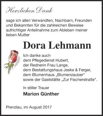 Traueranzeige von Dora Lehmann von Prenzlauer Zeitung