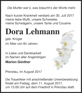 Traueranzeige von Dora Lehmann von Prenzlauer Zeitung
