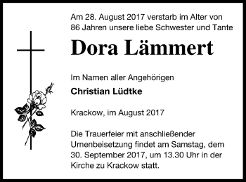 Traueranzeige von Dora Lämmert von Pasewalker Zeitung