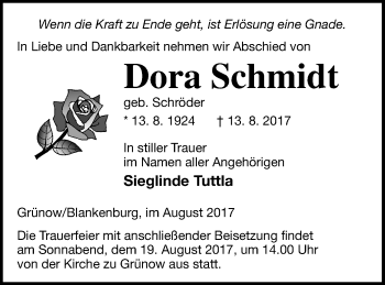 Traueranzeige von Dora Schmidt von Prenzlauer Zeitung