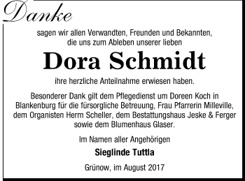 Traueranzeige von Dora Schmidt von Prenzlauer Zeitung