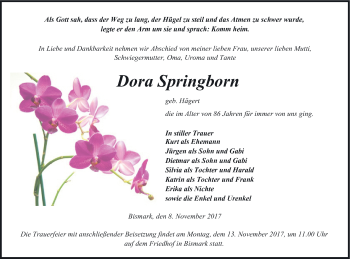 Traueranzeige von Dora Springborn von Pasewalker Zeitung