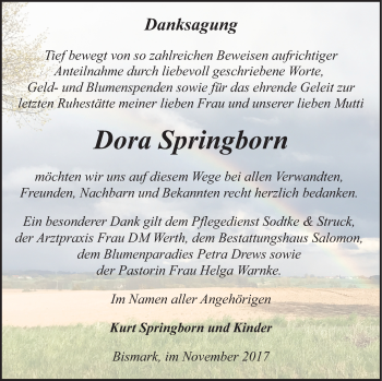 Traueranzeige von Dora Springborn von Pasewalker Zeitung