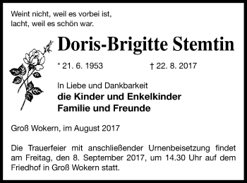 Traueranzeige von Doris-Brigitte Stemtin von Mecklenburger Schweiz