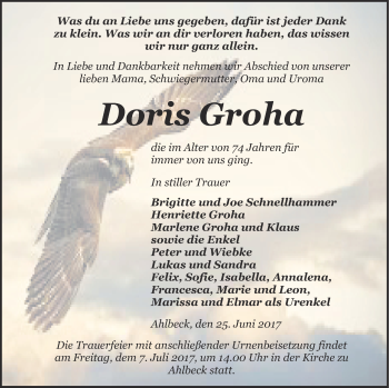 Traueranzeige von Doris Groha von Haff-Zeitung