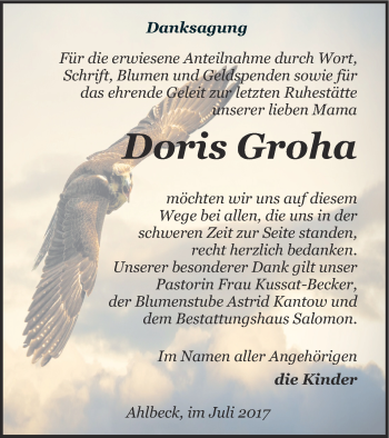 Traueranzeige von Doris Groha von Haff-Zeitung