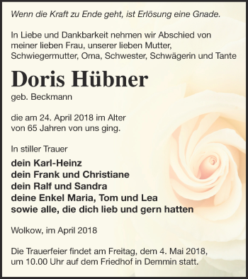 Traueranzeige von Doris Hübner von Demminer Zeitung