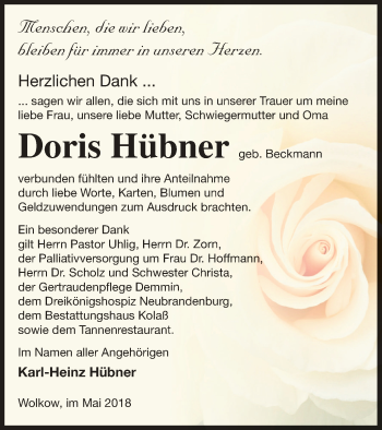 Traueranzeige von Doris Hübner von Demminer Zeitung