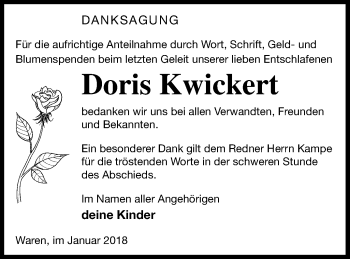 Traueranzeige von Doris Kwickert von Müritz-Zeitung