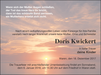 Traueranzeige von Doris Kwickert von Müritz-Zeitung