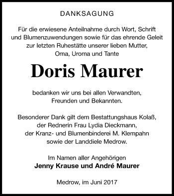 Traueranzeige von Doris Maurer von Demminer Zeitung