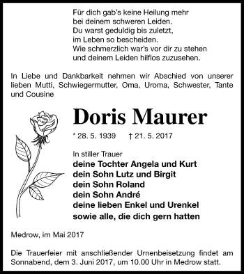 Traueranzeige von Doris Maurer von Demminer Zeitung