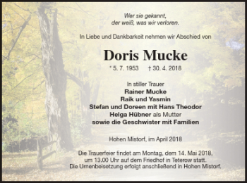 Traueranzeige von Doris Mucke von Mecklenburger Schweiz