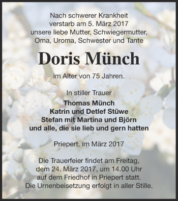 Traueranzeige von Doris Münch von Strelitzer Zeitung