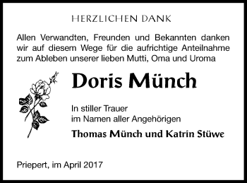 Traueranzeige von Doris Münch von Strelitzer Zeitung