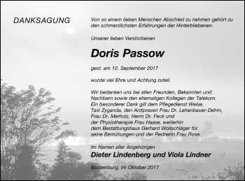 Traueranzeige von Doris Passow von Vorpommern Kurier