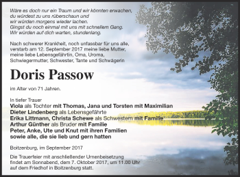 Traueranzeige von Doris Passow von Vorpommern Kurier