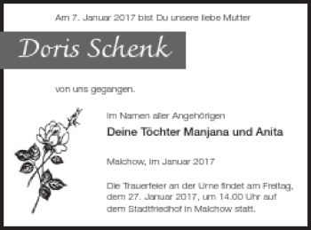 Traueranzeige von Doris Schenk von Müritz-Zeitung