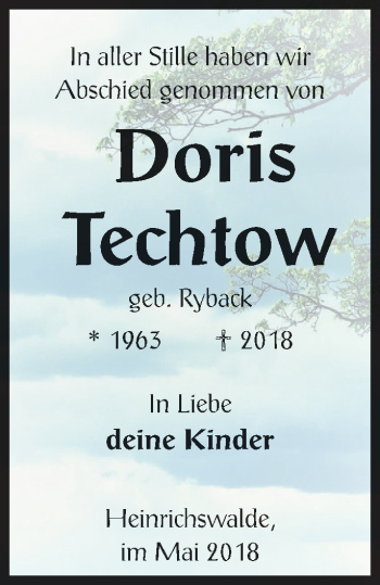 Traueranzeige von Doris Techtow von Haff-Zeitung