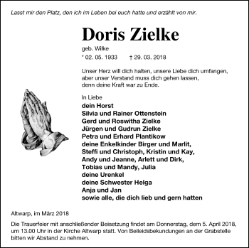 Traueranzeige von Doris Zielke von Haff-Zeitung