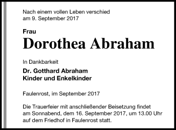 Traueranzeige von Dorothea Abraham von Mecklenburger Schweiz