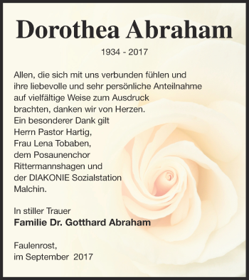 Traueranzeige von Dorothea Abraham von Mecklenburger Schweiz